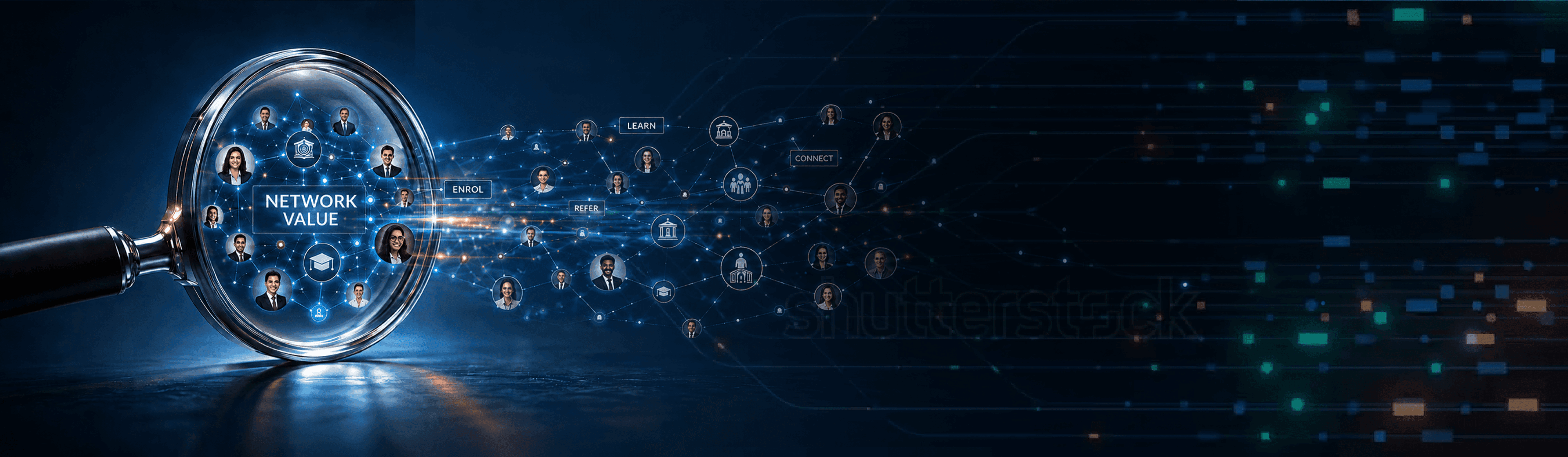 A magnifying glass revealing a global network of learners and institutions
